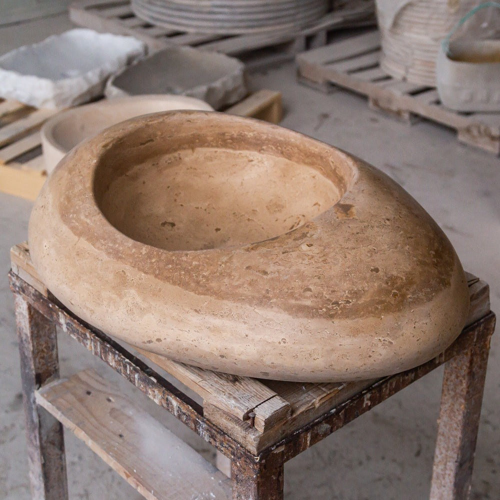 Noce Brown Travertine Natural Stone Kayak Sink SKU-NTRSTC21 Size (W)23" (L)16" (H)6" product shot angle view