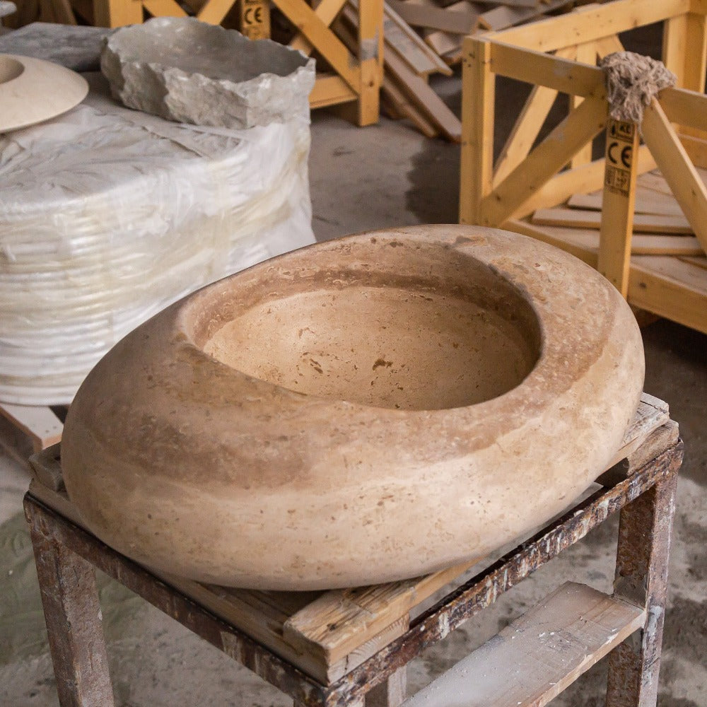 Noce Brown Travertine Natural Stone Kayak Sink SKU-NTRSTC21 Size (W)23" (L)16" (H)6" product shot angle view