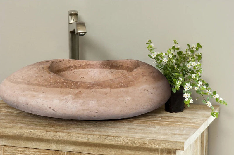 Noce Brown Travertine Natural Stone Kayak Sink SKU-NTRSTC21 Size (W)23" (L)16" (H)6" installed in room on the counter