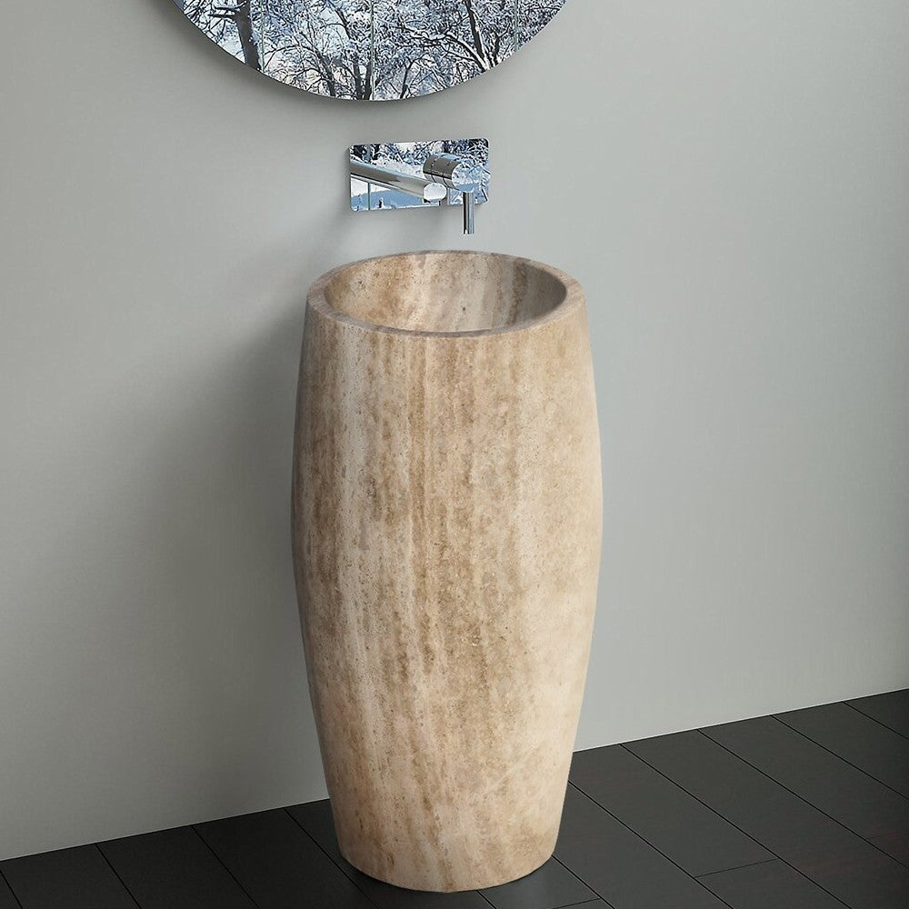 Noce Brown Travertine Pedestal Stand-alone Sink Curved Honed(D1)16" (D2)19.5" (H)33.5" SKU-NTRSTC44 installed in room scene