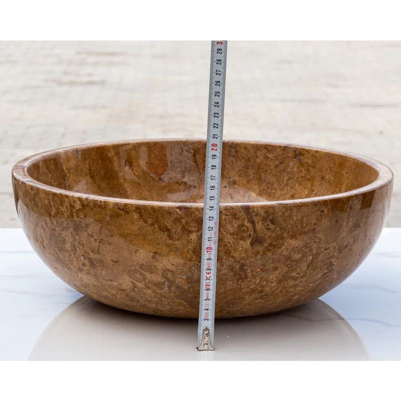 Noce Brown travertine natural stone round shape undermount Vessel Sink Polished and filled size (D)16" (H)6" SKU-EGENTR1674 product shot height measure