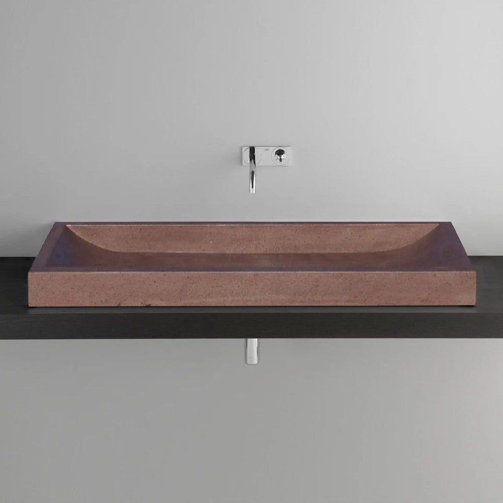 Noce Travertine Rectangular Vessel Sink Honed Filled (W)16" (L)48" (H)4" SKU-NTRSTC39 installed on bathroom above-counter