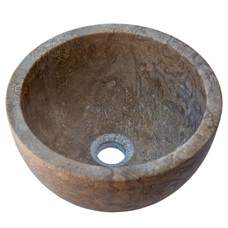 Noce brown travertine natural stone vessel sink surface honed filled size (D)12.5" (H)6" SKU-NTRSTC05 product shot angle view