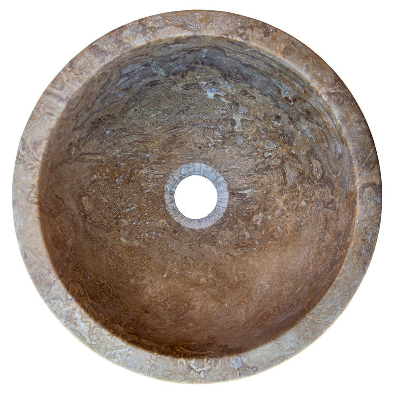 Noce brown travertine natural stone vessel sink surface honed filled size (D)12.5" (H)6" SKU-NTRSTC05 product shot top view