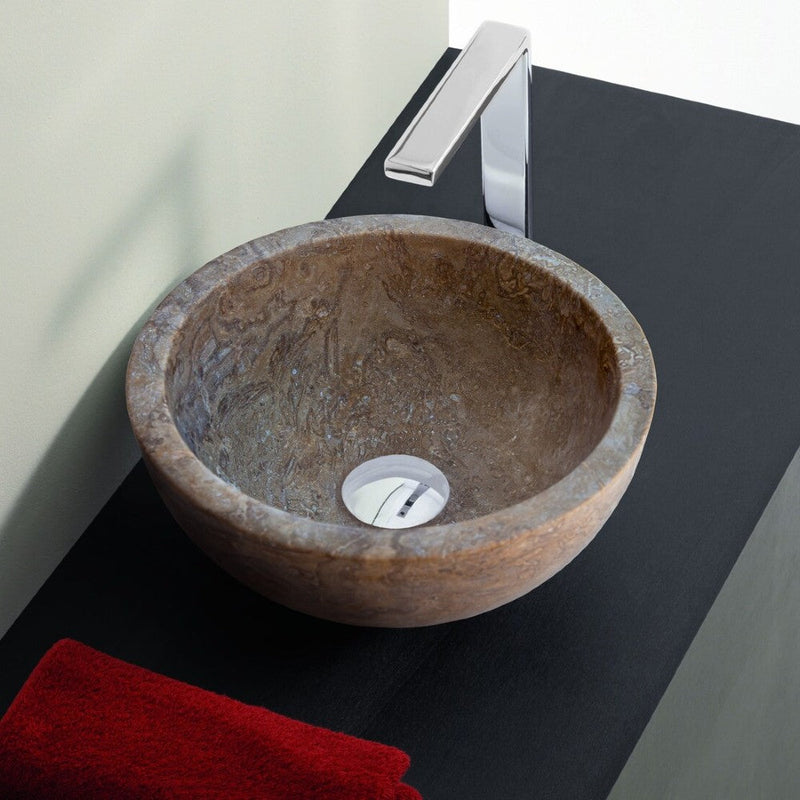 Noce brown travertine natural stone vessel sink surface honed filled size (D)12.5" (H)6" SKU-NTRSTC05 installed on bathroom above-counter