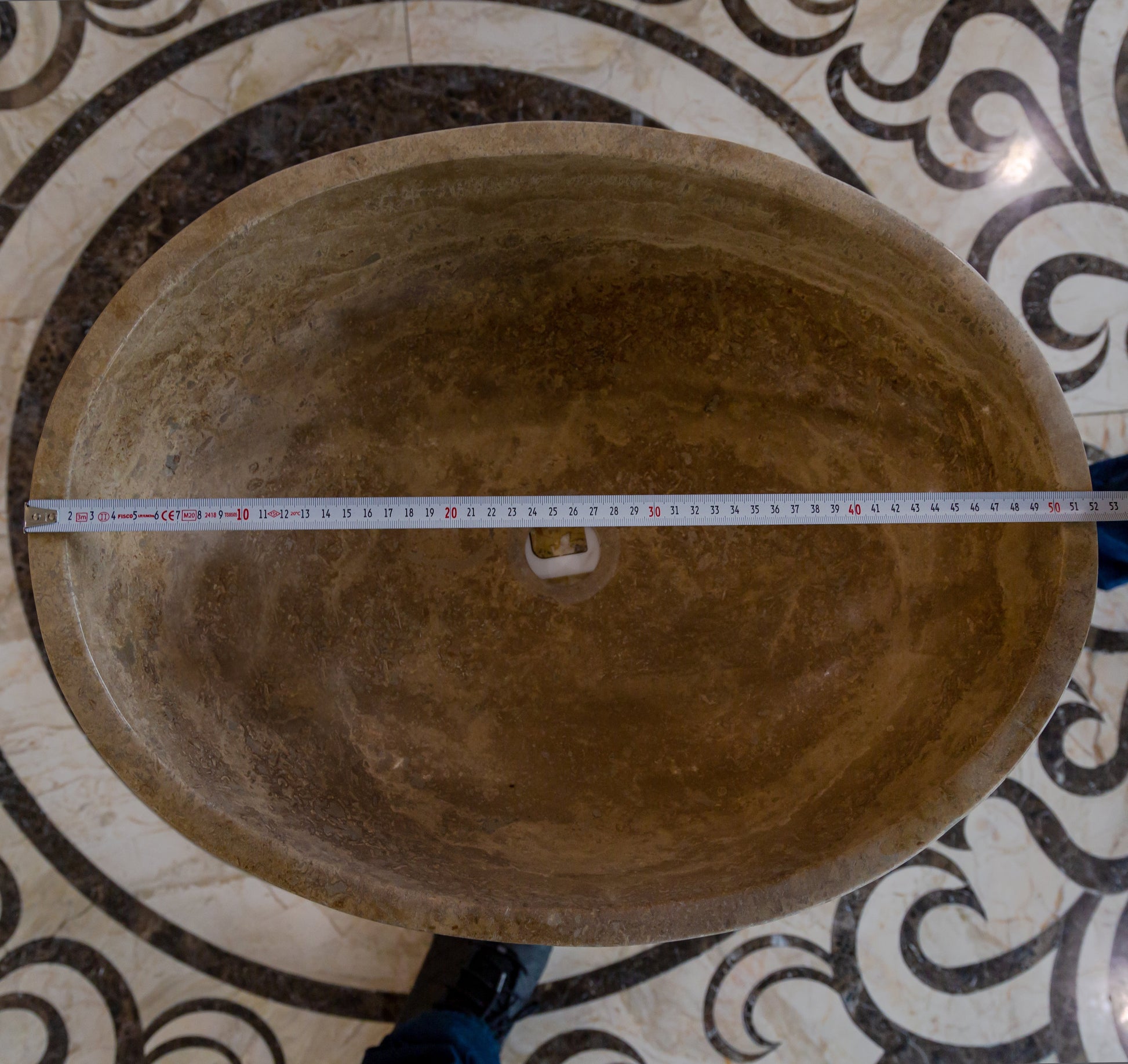 Noce travertine oval vessel sink size (W)16" (L)21" (H)6" SKU-NTRVS36 product shot top view length measure