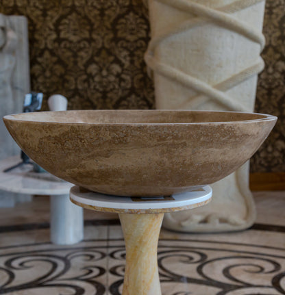 Noce travertine oval vessel sink size (W)16" (L)21" (H)6" SKU-NTRVS36 product shot front view