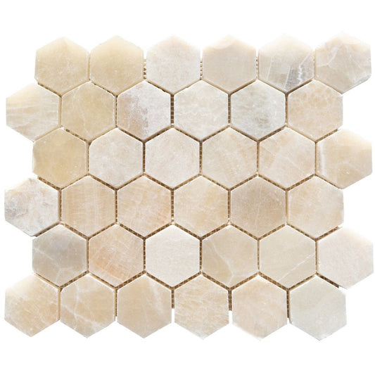 Onyx Beige Marble 2" Hexagon on 12" x 12" Mesh Mosaic Tile