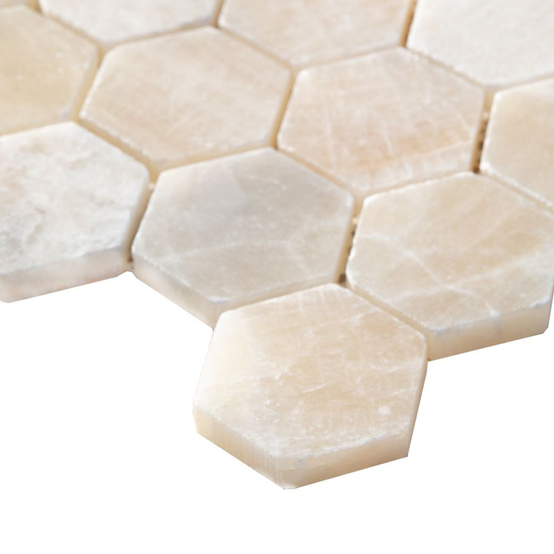 Onyx Beige Marble 2" Hexagon on 12" x 12" Mesh Mosaic Tile