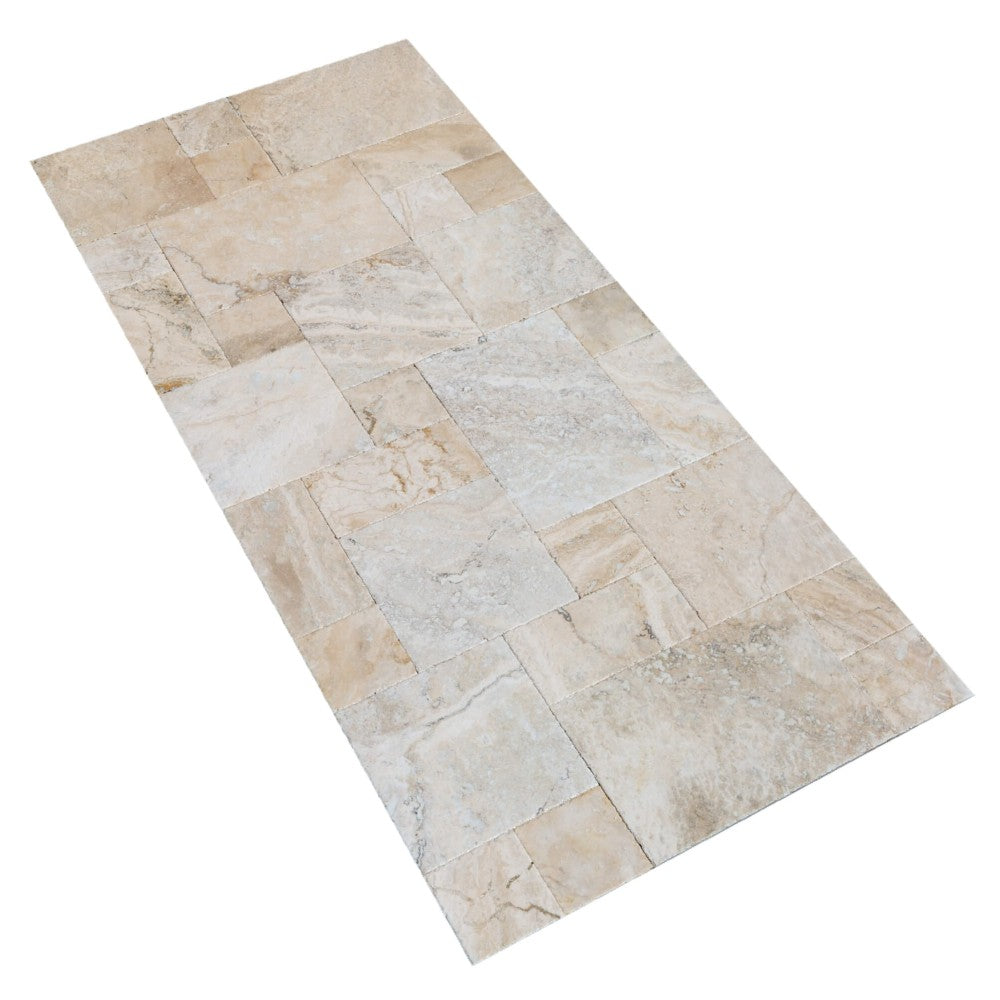 Philadelphia antique French pattern set travertine tile size pattern set surface brushed chiseled SKU-10075602 product shot angle view