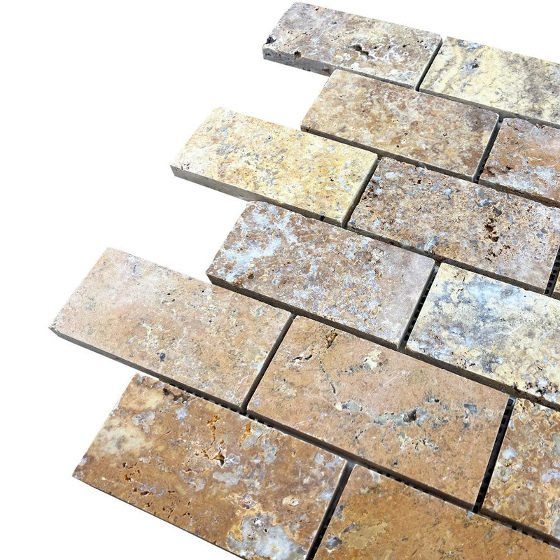 Scabos Travertine 2"x4" Brick Honed on 12" x 12" Mesh Mosaic Tile SKU-HSST2x4BMOSH angle view
