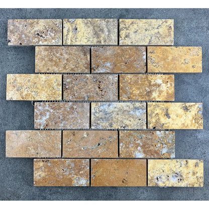 Scabos Travertine 2"x4" Brick Honed on 12" x 12" Mesh Mosaic Tile SKU-HSST2x4BMOSH top view