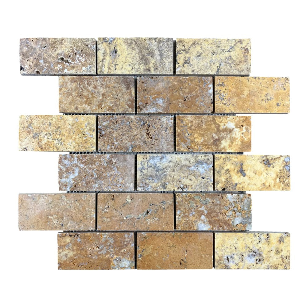 Scabos Travertine 2"x4" Brick Honed on 12" x 12" Mesh Mosaic Tile SKU-HSST2x4BMOSH on white background