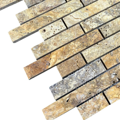 Scabos Travertine Strip Liner on 12" x 12" Mesh Mosaic Tile SKU-HSSTSLNBMOSH corner view