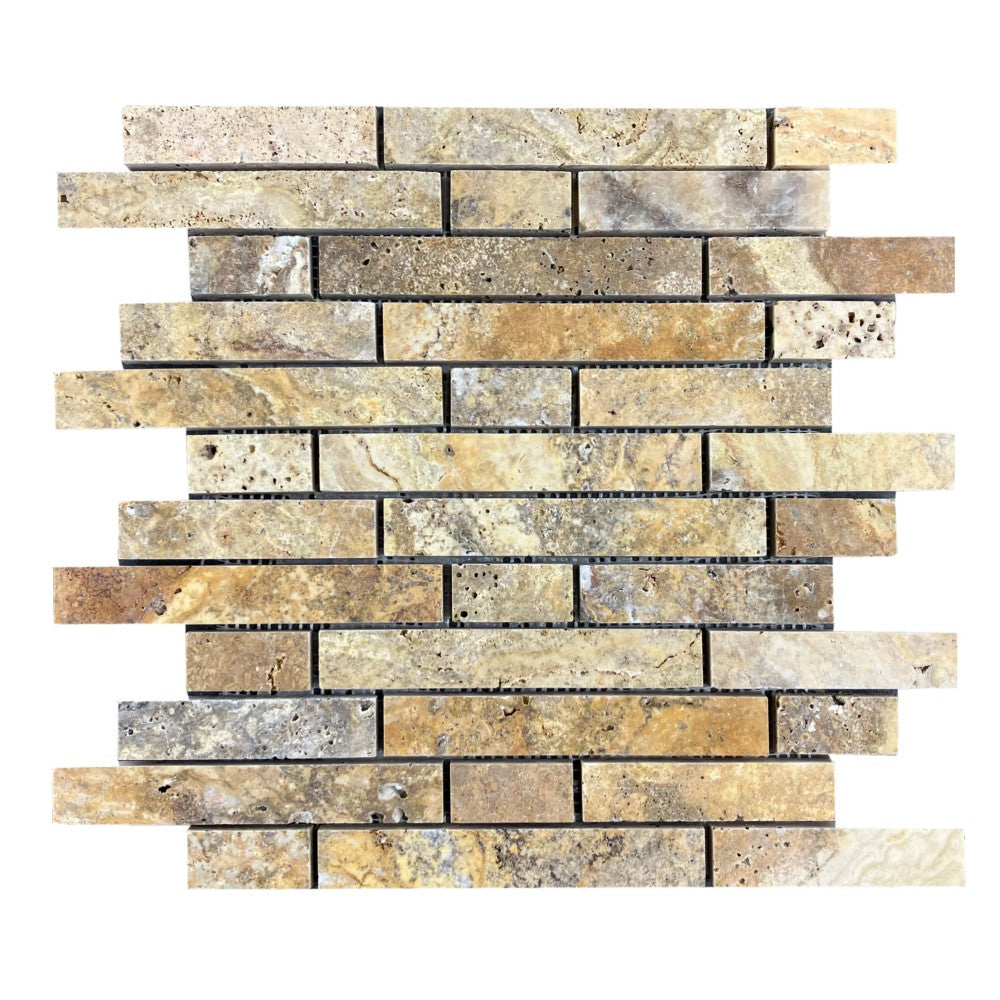 Scabos Travertine Strip Liner on 12" x 12" Mesh Mosaic Tile SKU-HSSTSLNBMOSH on white background