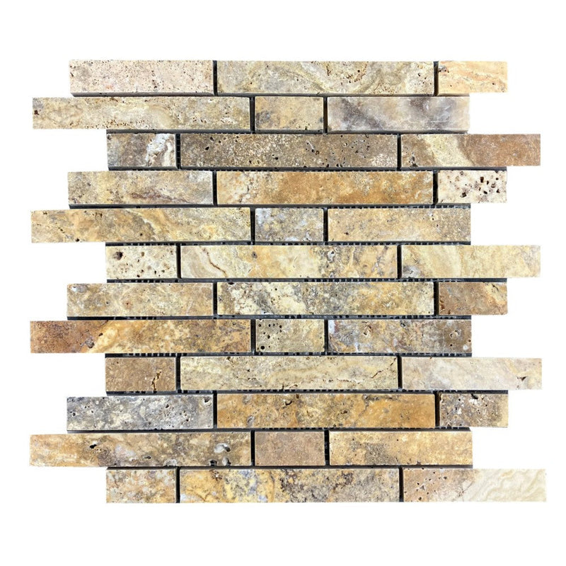 Scabos Travertine Strip Liner on 12" x 12" Mesh Mosaic Tile SKU-HSSTSLNBMOSH on white background