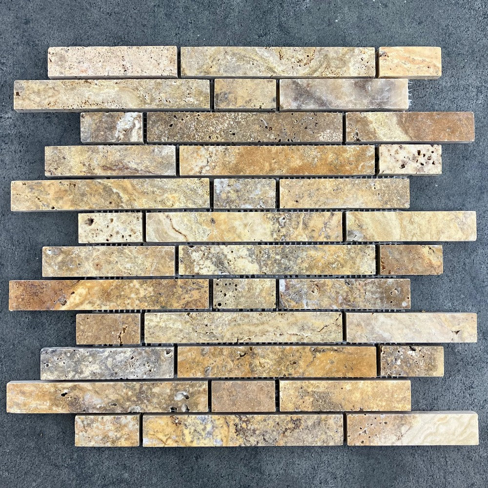 Scabos Travertine Strip Liner on 12" x 12" Mesh Mosaic Tile SKU-HSSTSLNBMOSH top view