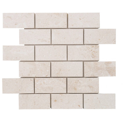 Shell Stone Limestone 2"x4" Brick Honed on 12" x 12" Mesh Mosaic Tile Product shot on white background