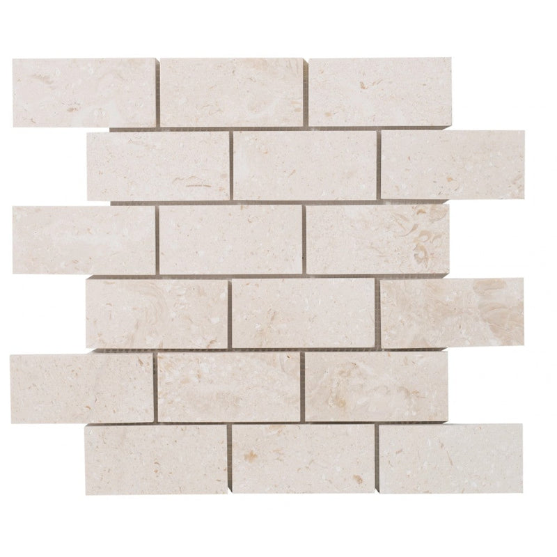 Shell Stone Limestone 2"x4" Brick Honed on 12" x 12" Mesh Mosaic Tile Product shot on white background