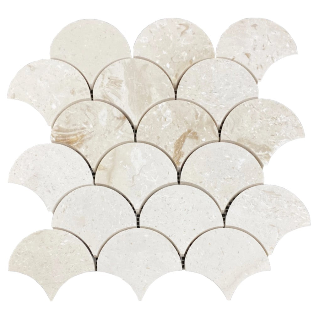 Shell Stone Limestone Laguna Design on 12" x 12" Mesh Mosaic Tile SKU-HSSSLAGDMOSH Mesh view on white background