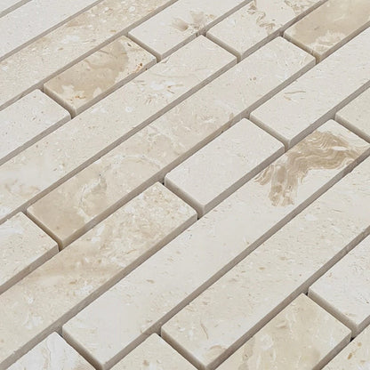 Shell Stone Limestone Strip Liner on 12" x 12" Mesh Mosaic Tile SKU-HSSSSLNBMOSH close view