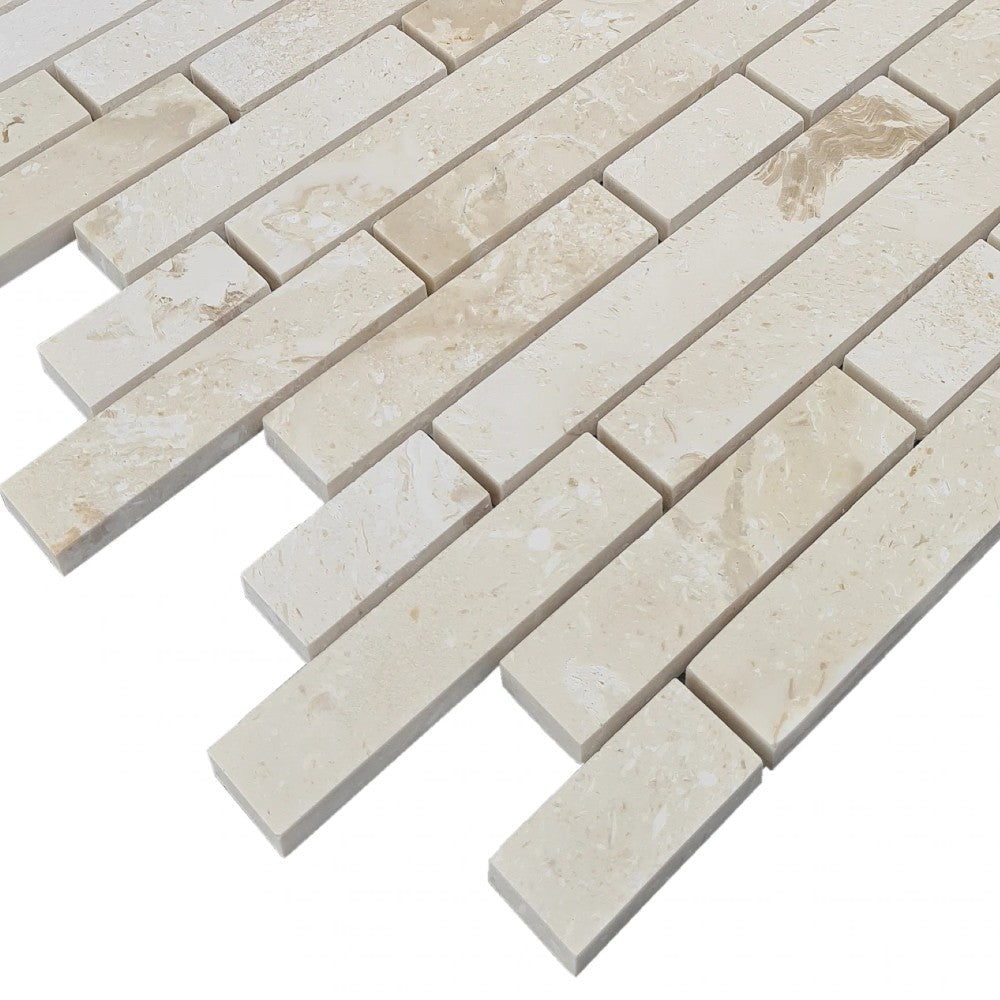 Shell Stone Limestone Strip Liner on 12" x 12" Mesh Mosaic Tile SKU-HSSSSLNBMOSH corner view