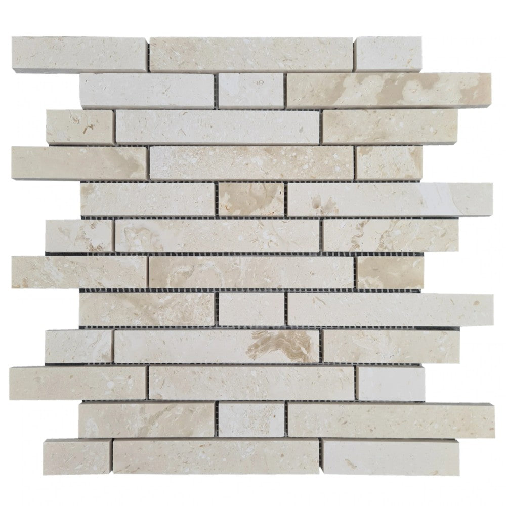 Shell Stone Limestone Strip Liner on 12" x 12" Mesh Mosaic Tile SKU-HSSSSLNBMOSH Mesh view on white background