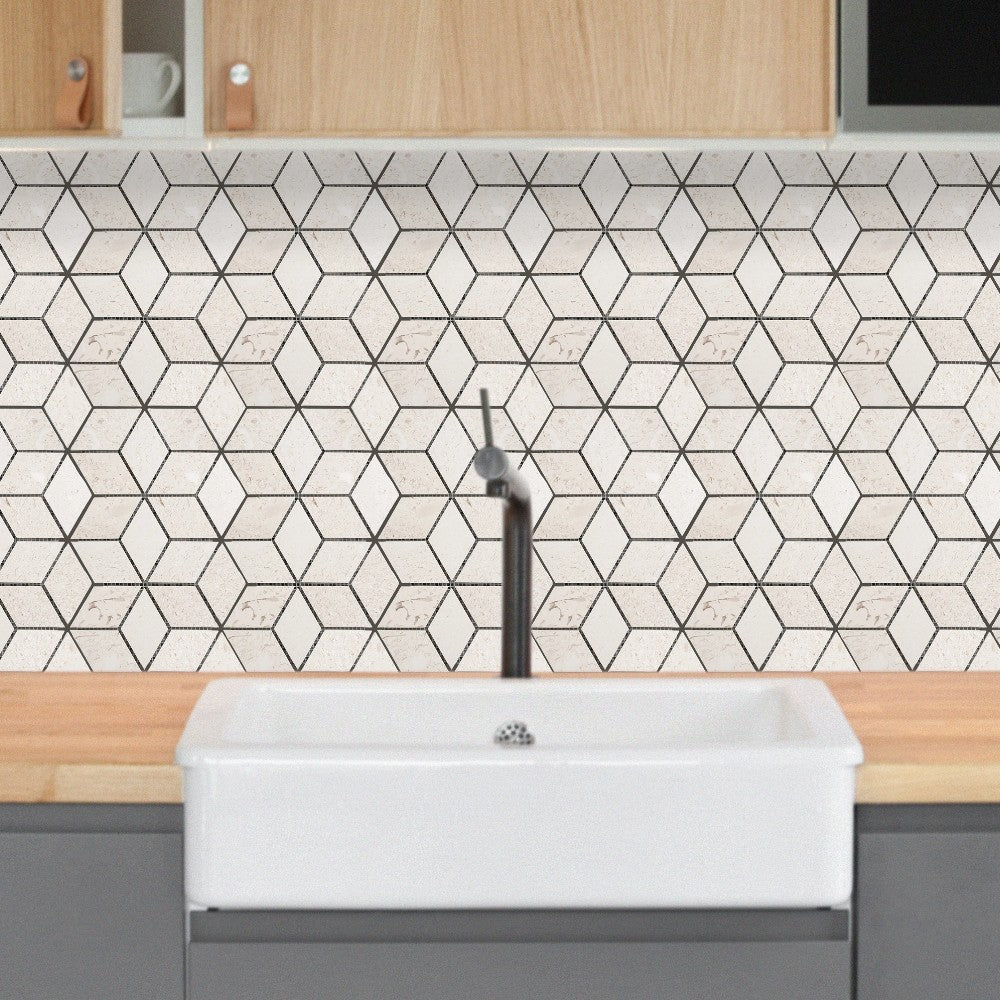 Shell Stone Limestone Rhombus Design on 12" x 12" Mesh Mosaic Tile SKU-HSSSRHMDMOSH Installed view