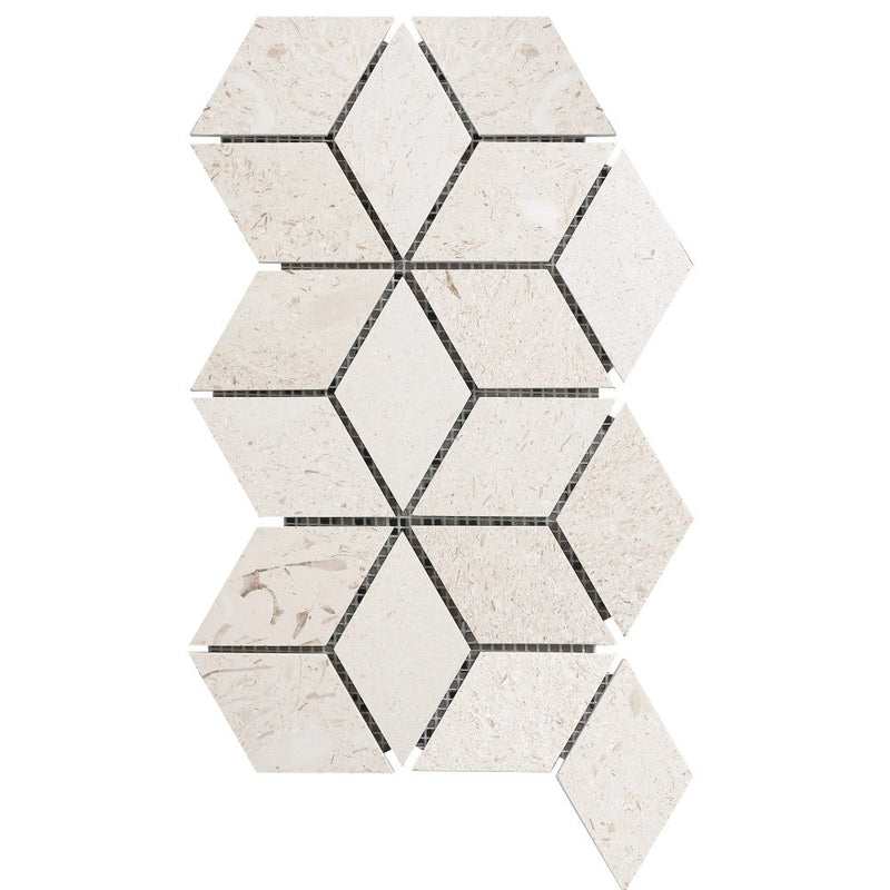 Shell Stone Limestone Rhombus Design on 12" x 12" Mesh Mosaic Tile SKU-HSSSRHMDMOSH Mesh view on white background