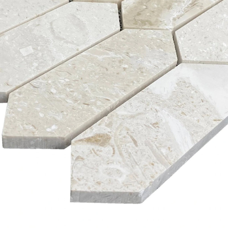 Shell Stone Limestone Strada Design on 12" x 12" Mesh Mosaic Tile SKU-HSSSSTRDMOSH corner view
