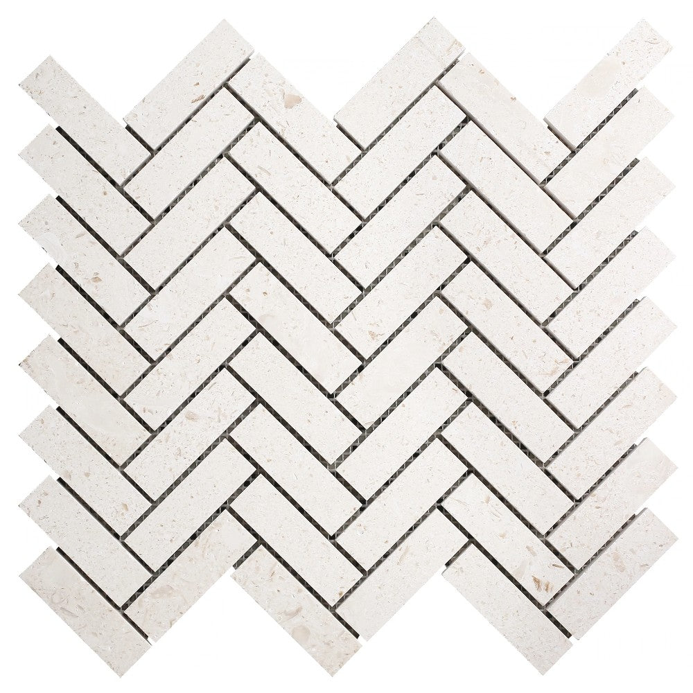 Shell Stone Limestone 1"x3" Herringbone on 12" x 12" Mesh Mosaic Tile SKU-HSSS1x3HBMOSH Mesh view on white background