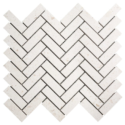 Shell Stone Limestone 1"x3" Herringbone on 12" x 12" Mesh Mosaic Tile SKU-HSSS1x3HBMOSH Mesh view on white background