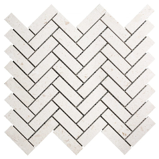 Shell Stone Limestone 1"x3" Herringbone on 12" x 12" Mesh Mosaic Tile SKU-HSSS1x3HBMOSH Mesh view on white background