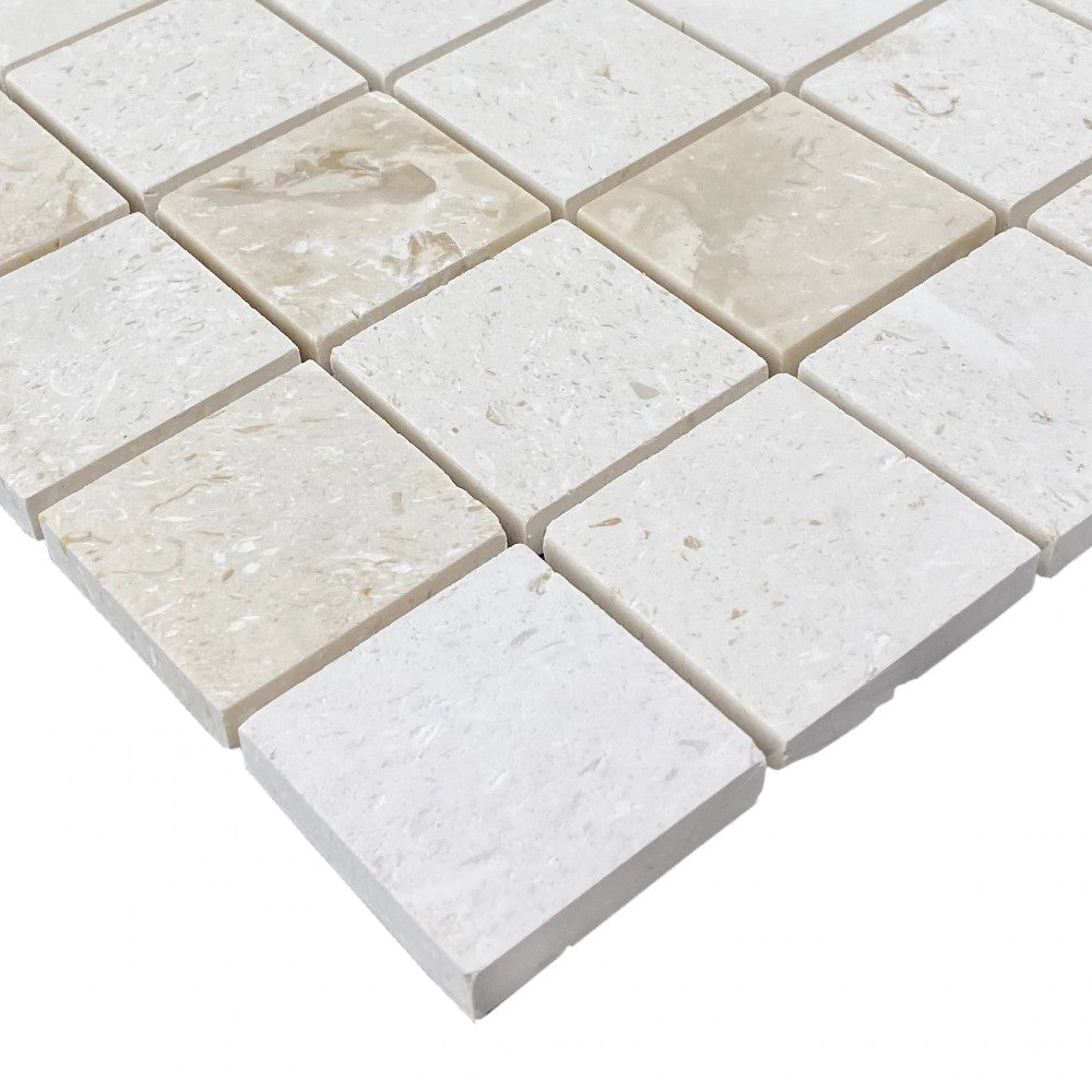 Shell Stone Limestone 2"x2" Honed on 12" x 12" Mesh Mosaic Tile SKU-HSSS2x2BMOSH Corner view