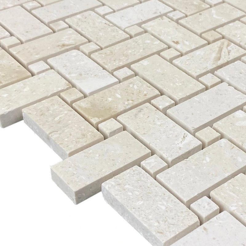 Shell Stone Limestone Basketweave Design on 12" x 12" Mesh Mosaic Tile SKU-HSSSBWVDMOSH corner view