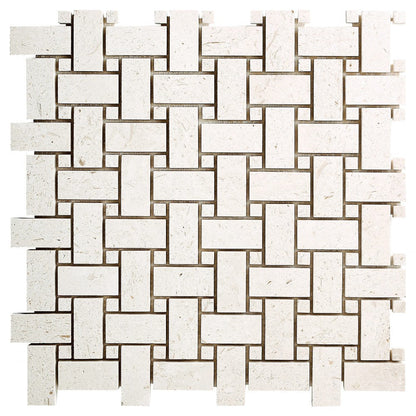 Shell Stone Limestone Basketweave Design on 12" x 12" Mesh Mosaic Tile SKU-HSSSBWVDMOSH  Mesh view on white background