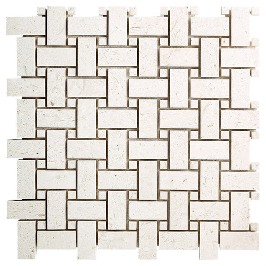 Shell Stone Limestone Basketweave Design on 12" x 12" Mesh Mosaic Tile SKU-HSSSBWVDMOSH  Mesh view on white background