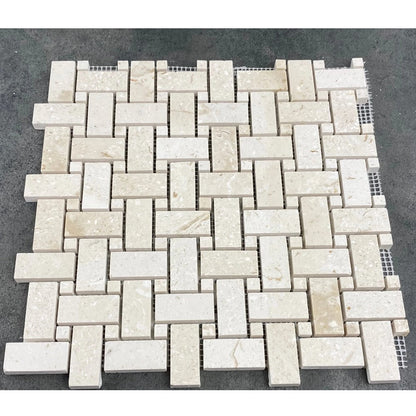 Shell Stone Limestone Basketweave Design on 12" x 12" Mesh Mosaic Tile SKU-HSSSBWVDMOSH  under sunlight view