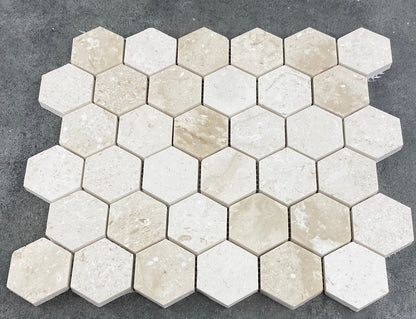 Shell Stone Limestone 2" Hexagon Honed on 12" x 12" Mesh Mosaic Tile