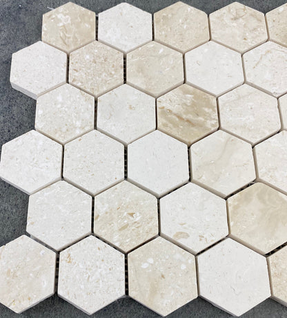 Shell Stone Limestone 2" Hexagon Honed on 12" x 12" Mesh Mosaic Tile