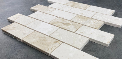 Shell Stone Limestone 2"x4" Brick Honed on 12" x 12" Mesh Mosaic Tile