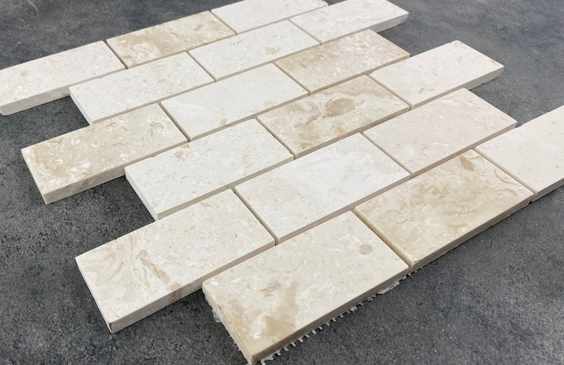 Shell Stone Limestone 2"x4" Brick Honed on 12" x 12" Mesh Mosaic Tile