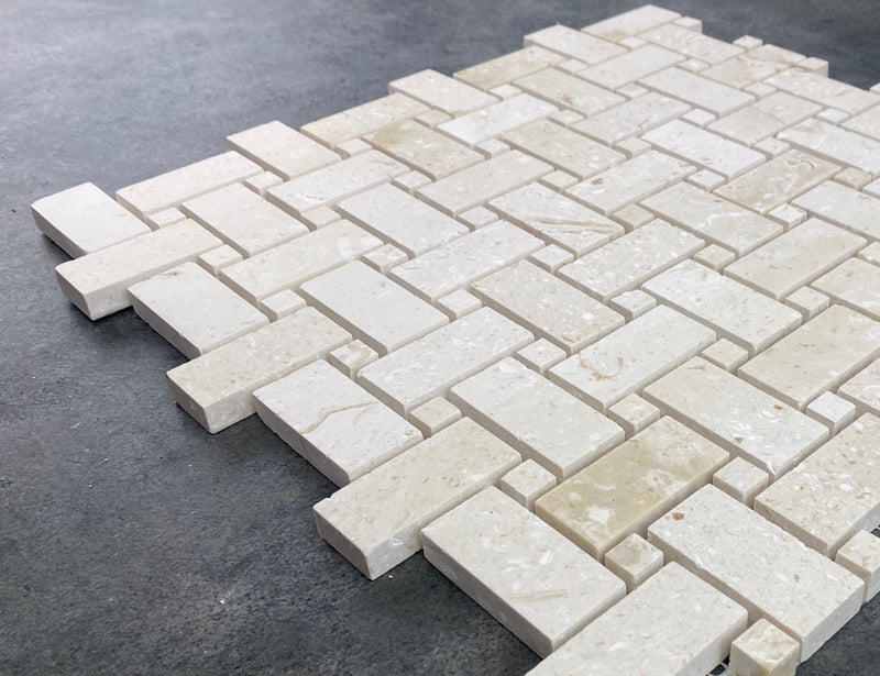 Shell Stone Limestone Basketweave Design on 12" x 12" Mesh Mosaic Tile