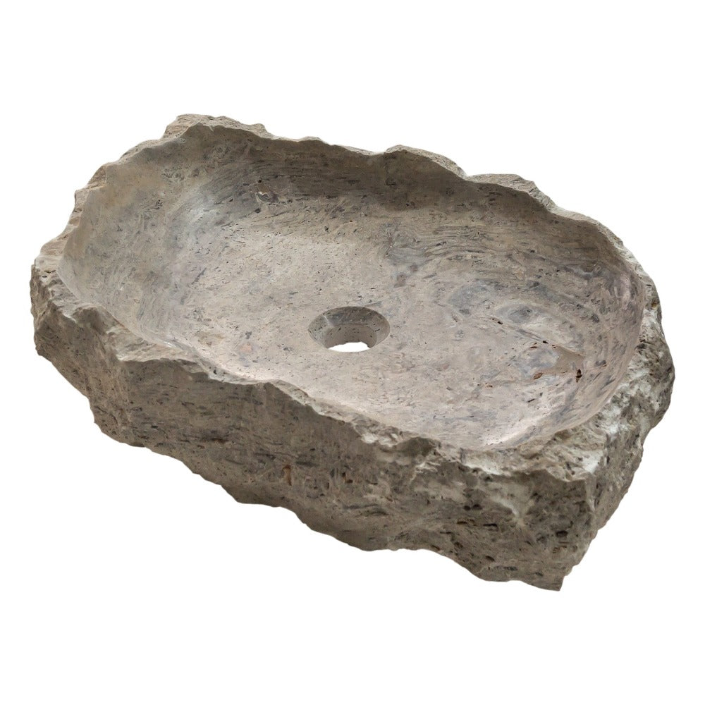 Silver Travertine Stone Rustic Vessel Sink SKU-NTRSTC14 random size (W)16" (L)26" (H)5" product shot angle view2