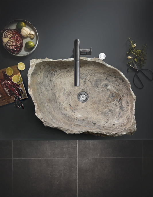 Silver Travertine Stone Rustic Vessel Sink SKU-NTRSTC14 random size (W)16" (L)26" (H)5" bathroom top view3 