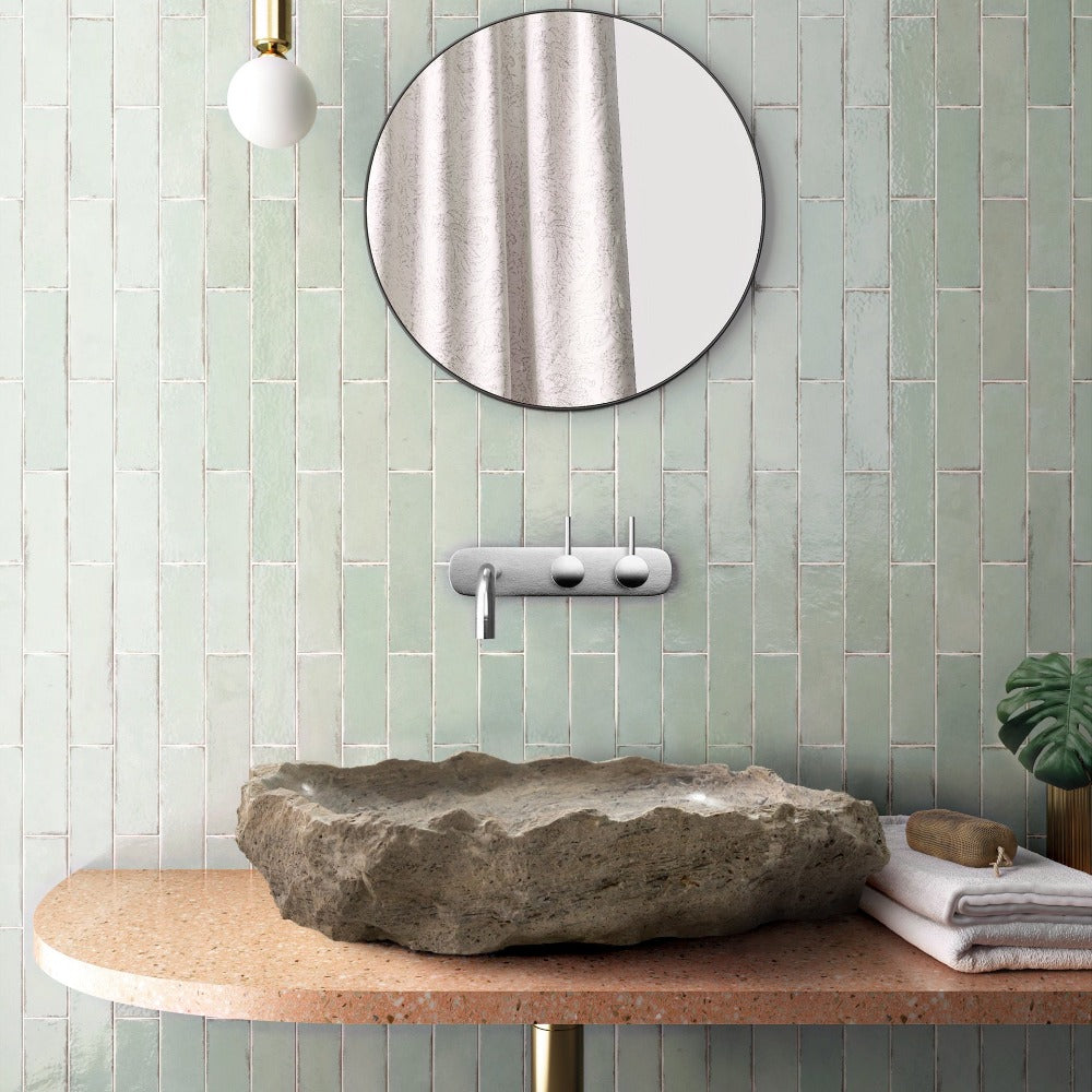 Silver Travertine Stone Rustic Vessel Sink SKU-NTRSTC14 random size (W)16" (L)26" (H)5" product shot front view installed on bathroom