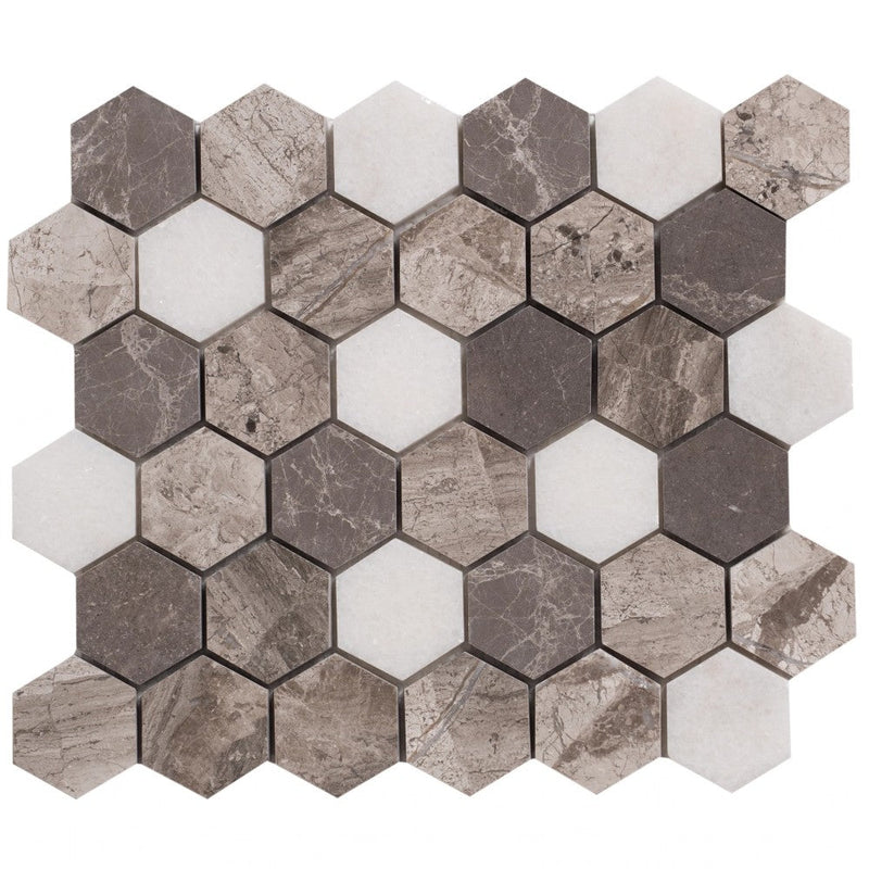 Silver Shadow-Carrara White Mix Marble 2" Hexagon on 12" x 12" Mesh Mosaic Tile SKU-HSSC2HEXMOSH Mesh view on white background