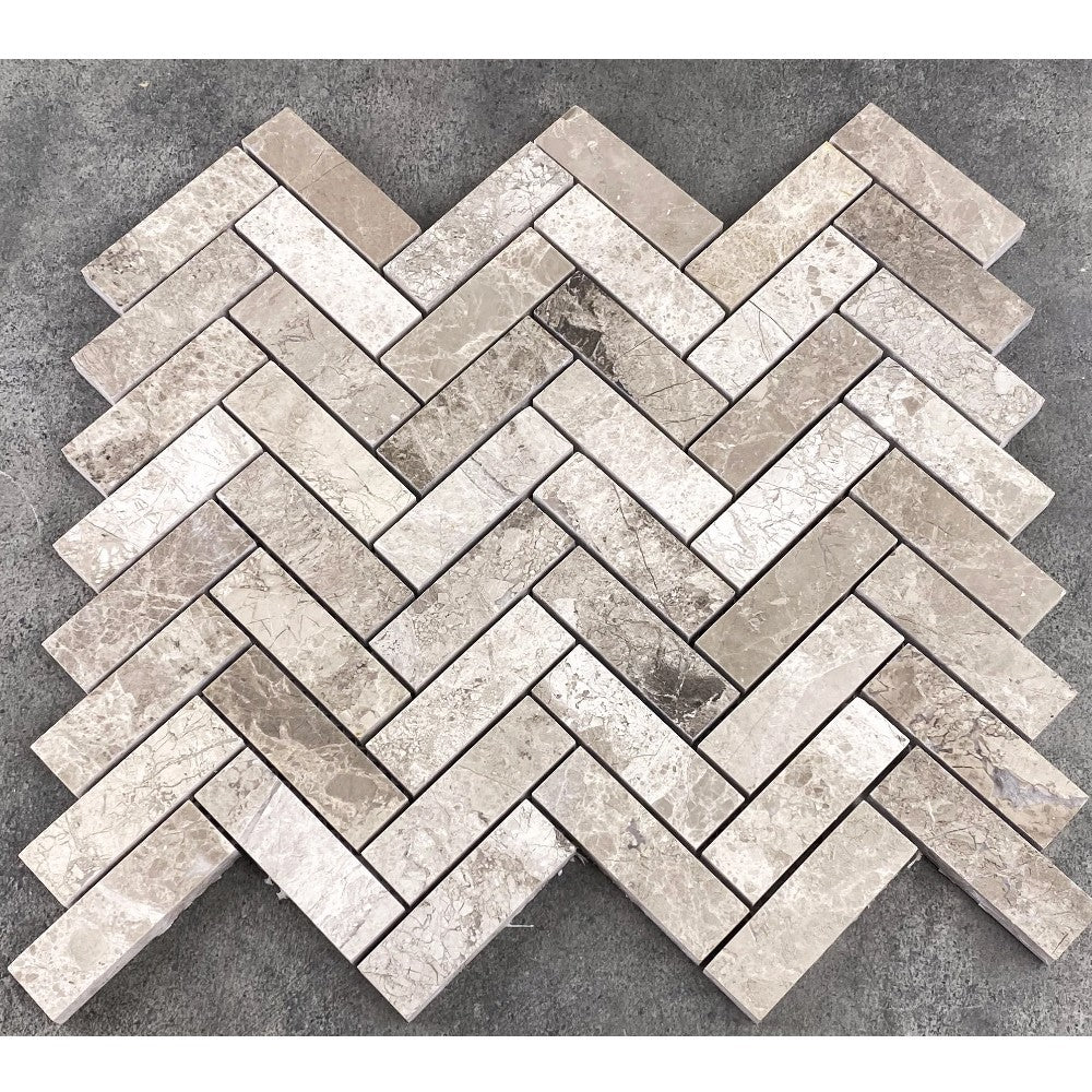 Silver shadow marble 1x3 herringbone honed SKU-HSSSH1x3HBMOSH top view