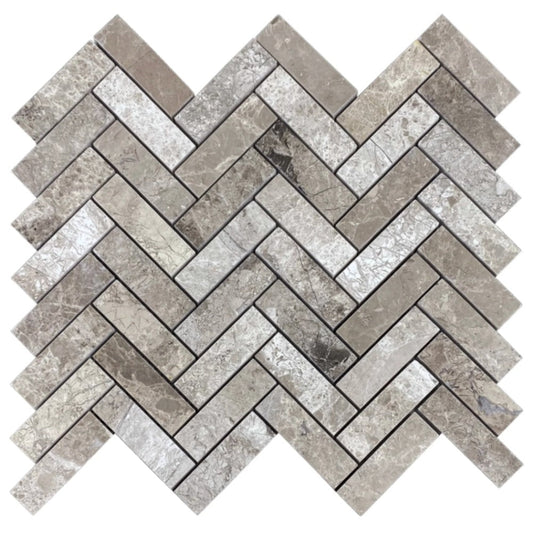 Silver shadow marble 1x3 herringbone honed SKU-HSSSH1x3HBMOSH on white background.