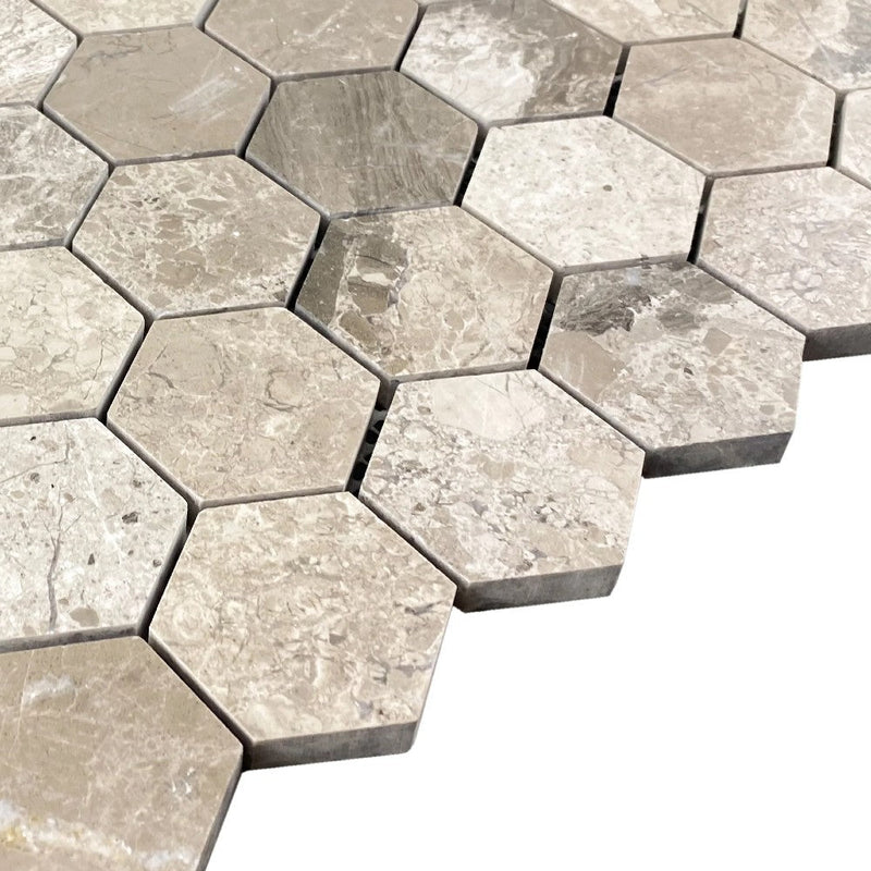 Silver shadow marble mosaic tile 2" hexagon on 12x12 mesh SKU-HSSH2HEXMOSH corner view
